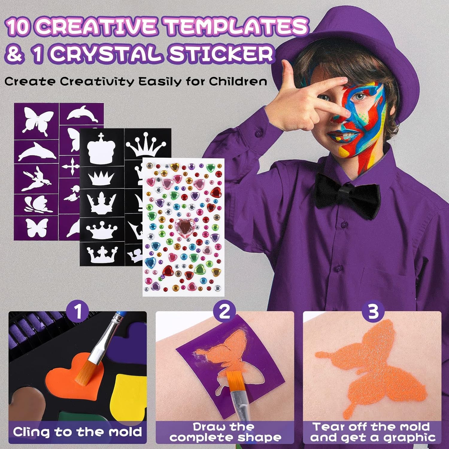 Face Painting Kit for Kids, 15 Colors Non-Toxic Water Based Face Paint Kits, Brushes Sponges Glitters Gem Sheet Stencils Hair Chalk Halloween Makeup Kit Professional Kids Face Paint Kit