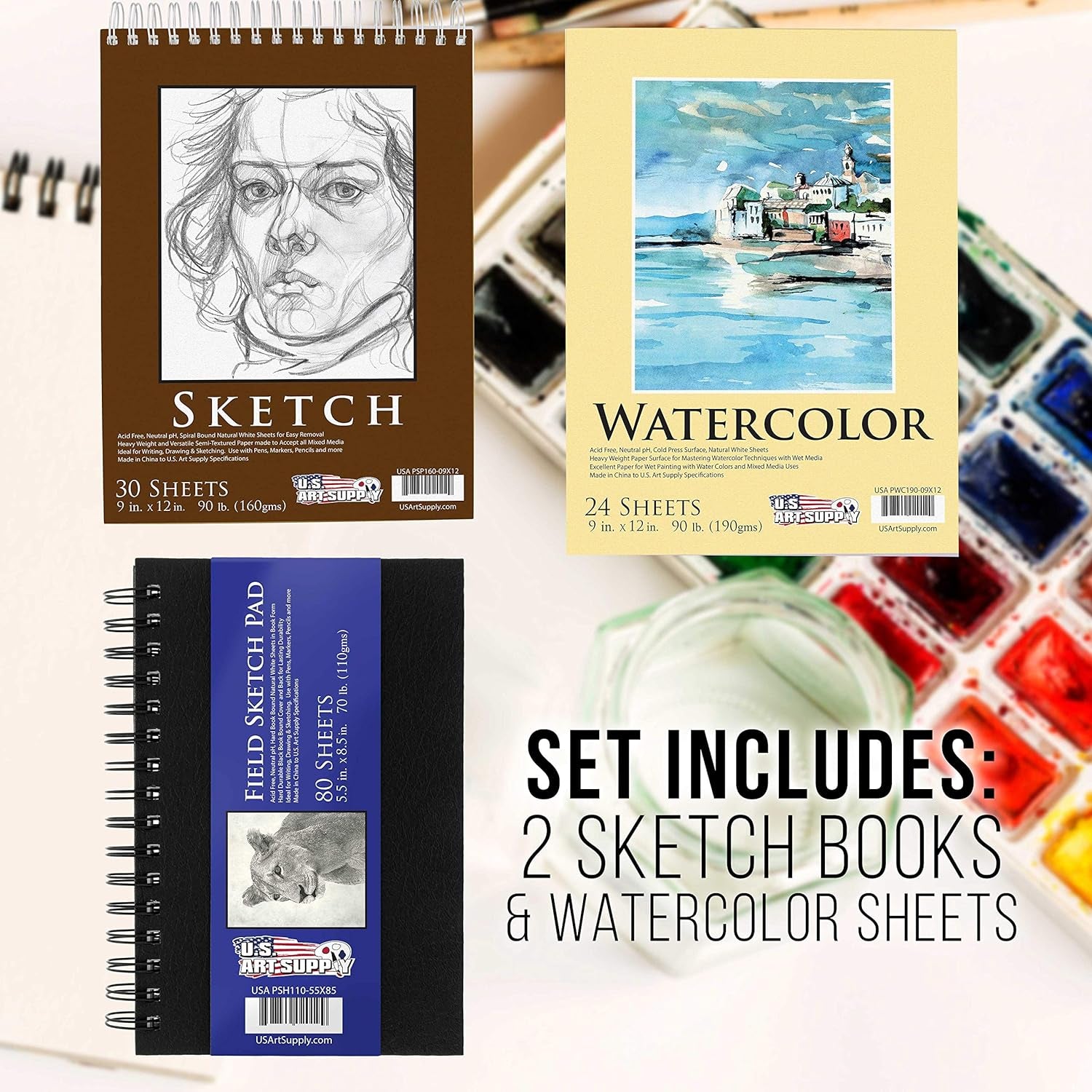 102-Piece Deluxe Wooden Art Supply Set - 24 Watercolors, 17 Brushes, 24 Colored Pencils, Sketch Pads