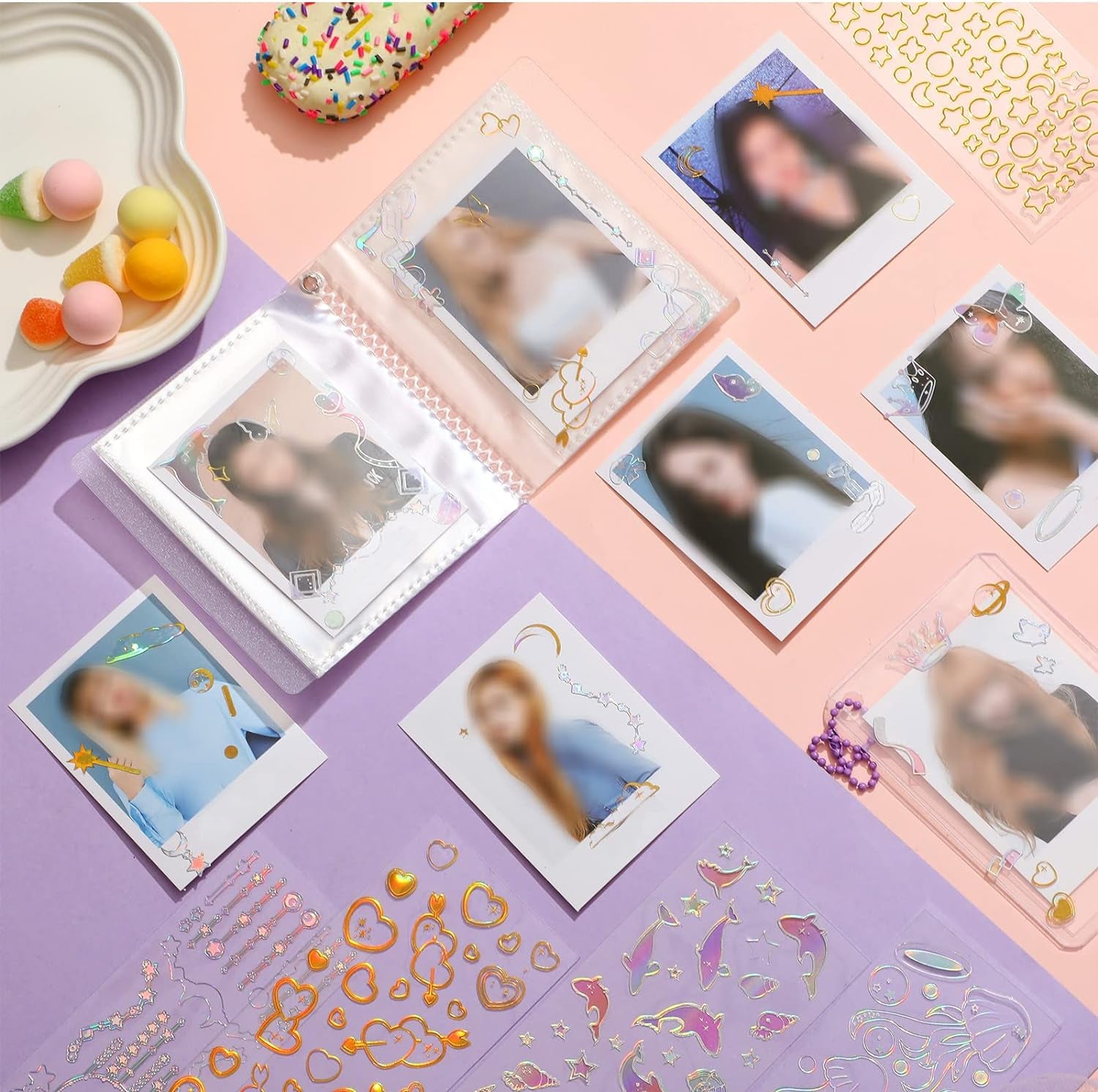 18 Sheets Scrapbook Kpop Stickers Adhesive Decor Shinny Korean Stickers for Photocards Butterfly Star Moon Waterproof Cute Stickers for Scrapbooking Planner Diary Decoration (Gold, Silver, Heart)