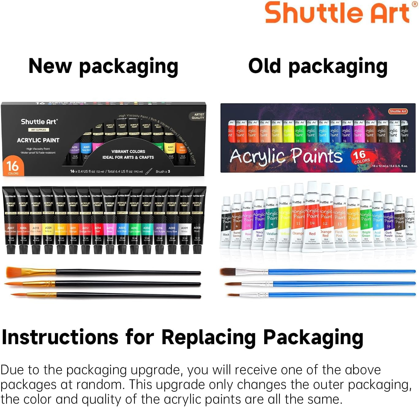 Acrylic Paint Set, 16 X12Ml Tubes Artist Quality Non Toxic Rich Pigments Colors Great for Kids Adults Professional Painting on Canvas Wood Clay Fabric Ceramic Crafts