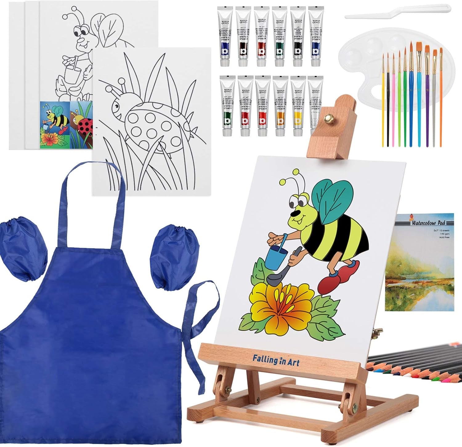 Painting Set for Kids with Table Easel-Acrylic Painting Starter Kit with Art Smock, 12 Acrylic Paints, 12 Water Soluble Colored Pencils, Paint Brushes, Canvas Panels and Watercolor Pad