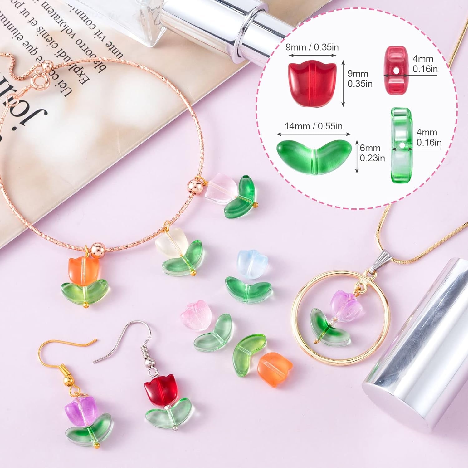 320PCS Tulip Flower Beads Glass Translucent Bracelet Beads Colorful Handcrafted Crystal Loose Glass Beads for Spring Summer DIY Jewelry Making Gifts