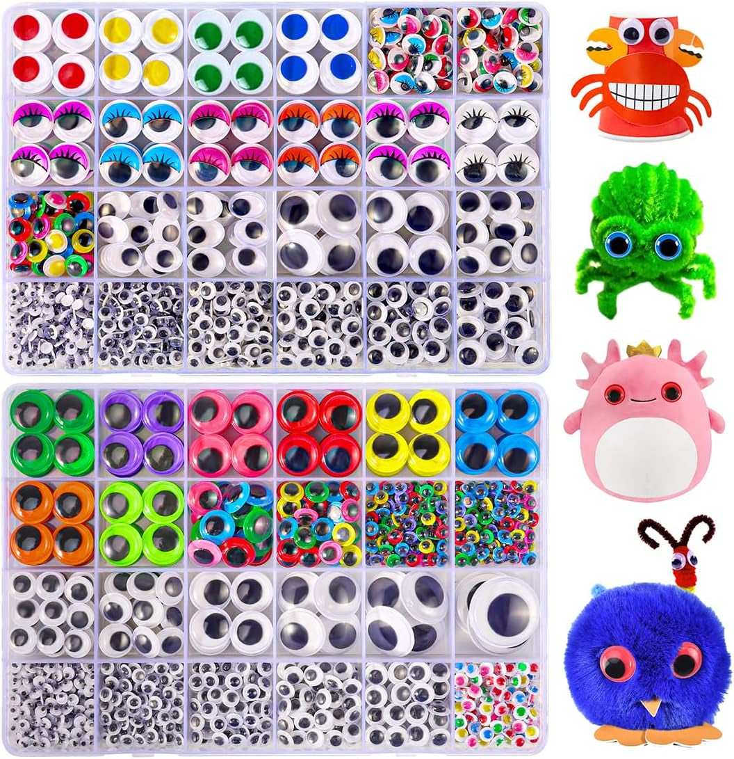 2500PCS Googly Eyes, 48 Styles Googly Eyes Self Adhesive for Crafts, Multi Colors and Sizes Wiggle Eyes for DIY Art Projects Craft Supplies