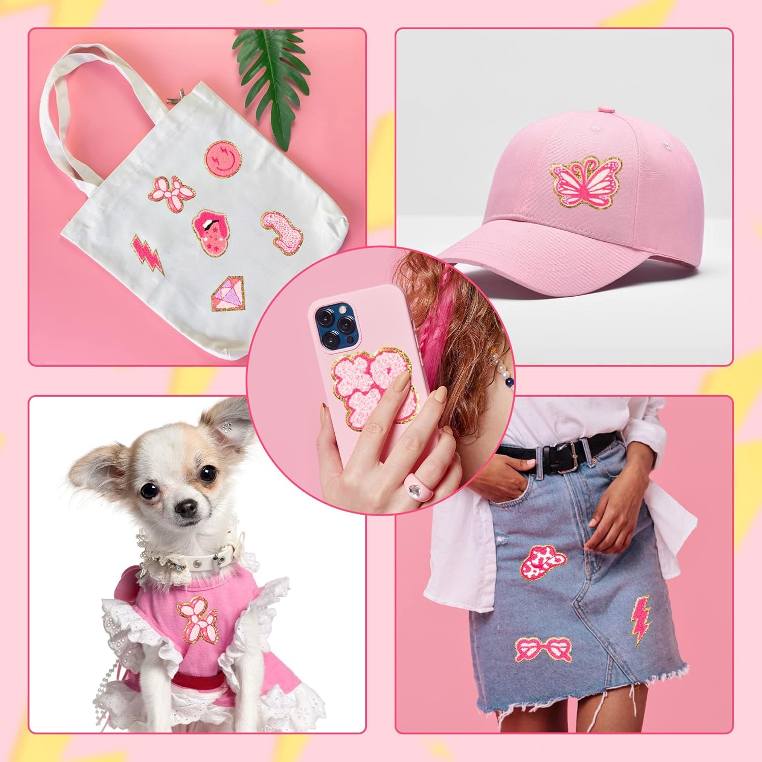 10Pcs Pink Preppy Iron on Patches for Girls Y2K Chenille Embroidered Repair Patch Hanging Lip Lightning Bolt Leopard Face DIY Accessories Sew on Applique for Backpack Clothes Hats Dress Jackets Jeans