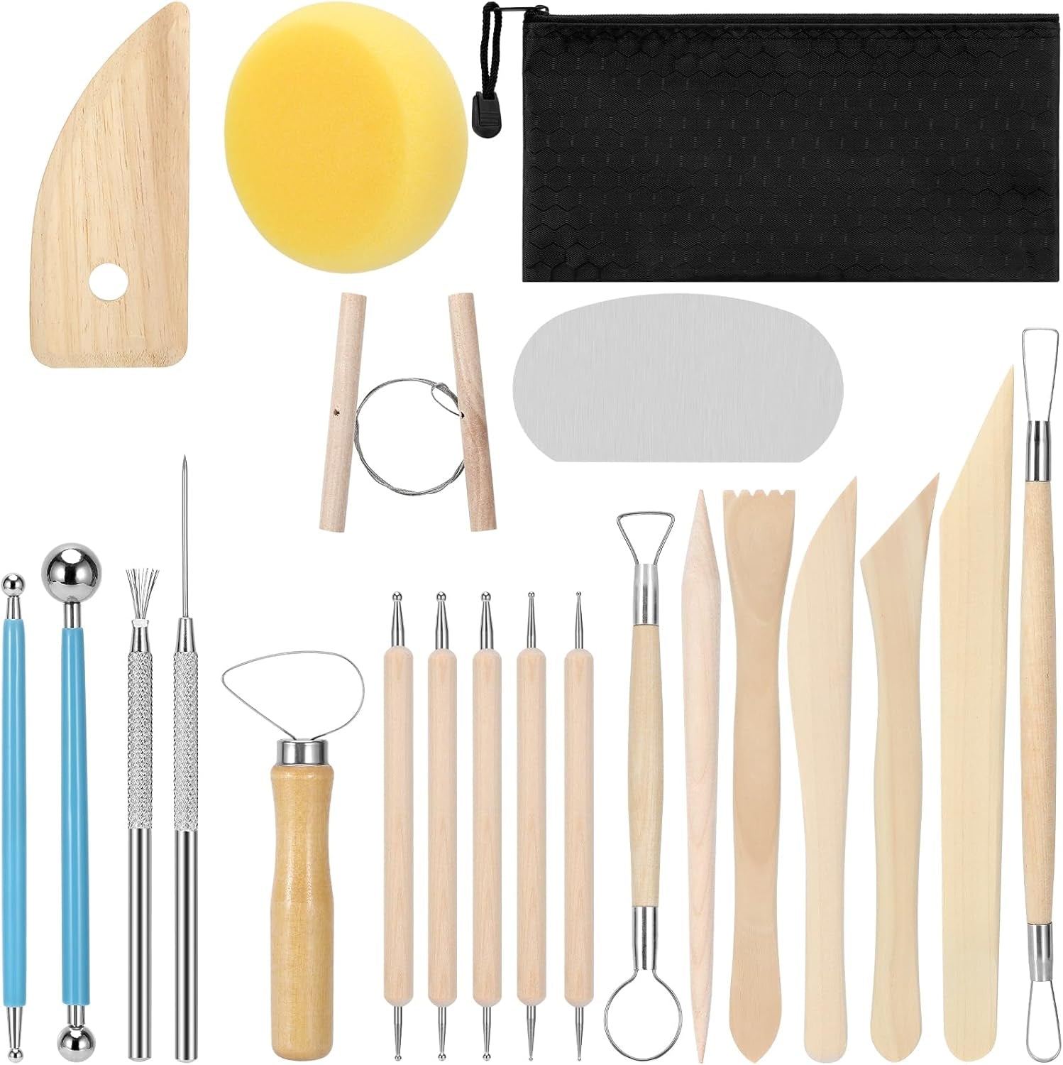 Clay Tools 21 PCS, Pottery Tool Kit Dotting Tools Polymer Clay Tools, Ceramics Tools with Wooden Handle Pottery Tool Bag