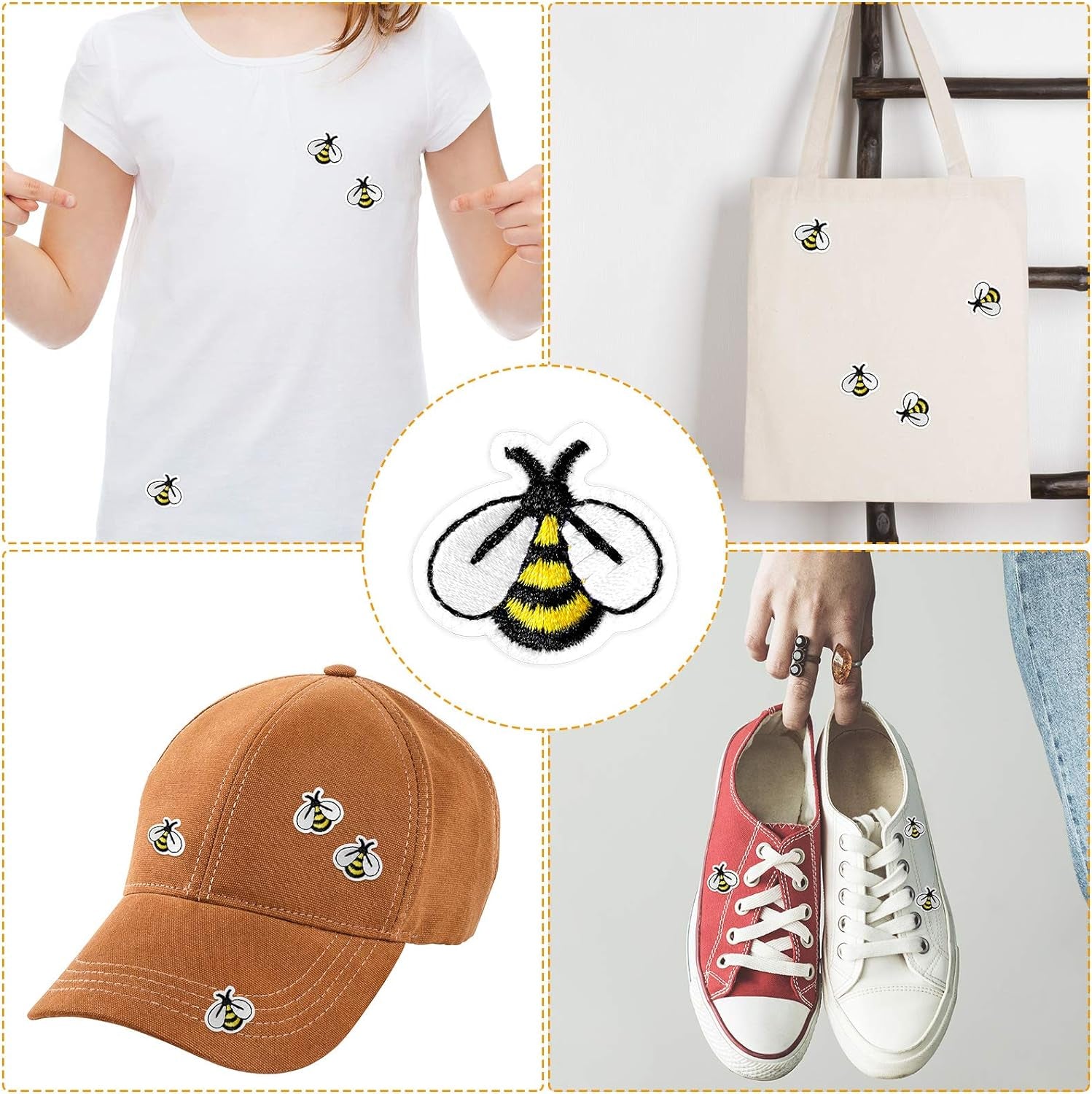 60 Pieces Bee Embroidered Patches Bee Shape Patches Iron on Cute Applique Patches for Bags, Jackets, Jeans, Hats, Clothes DIY Decoration Patches