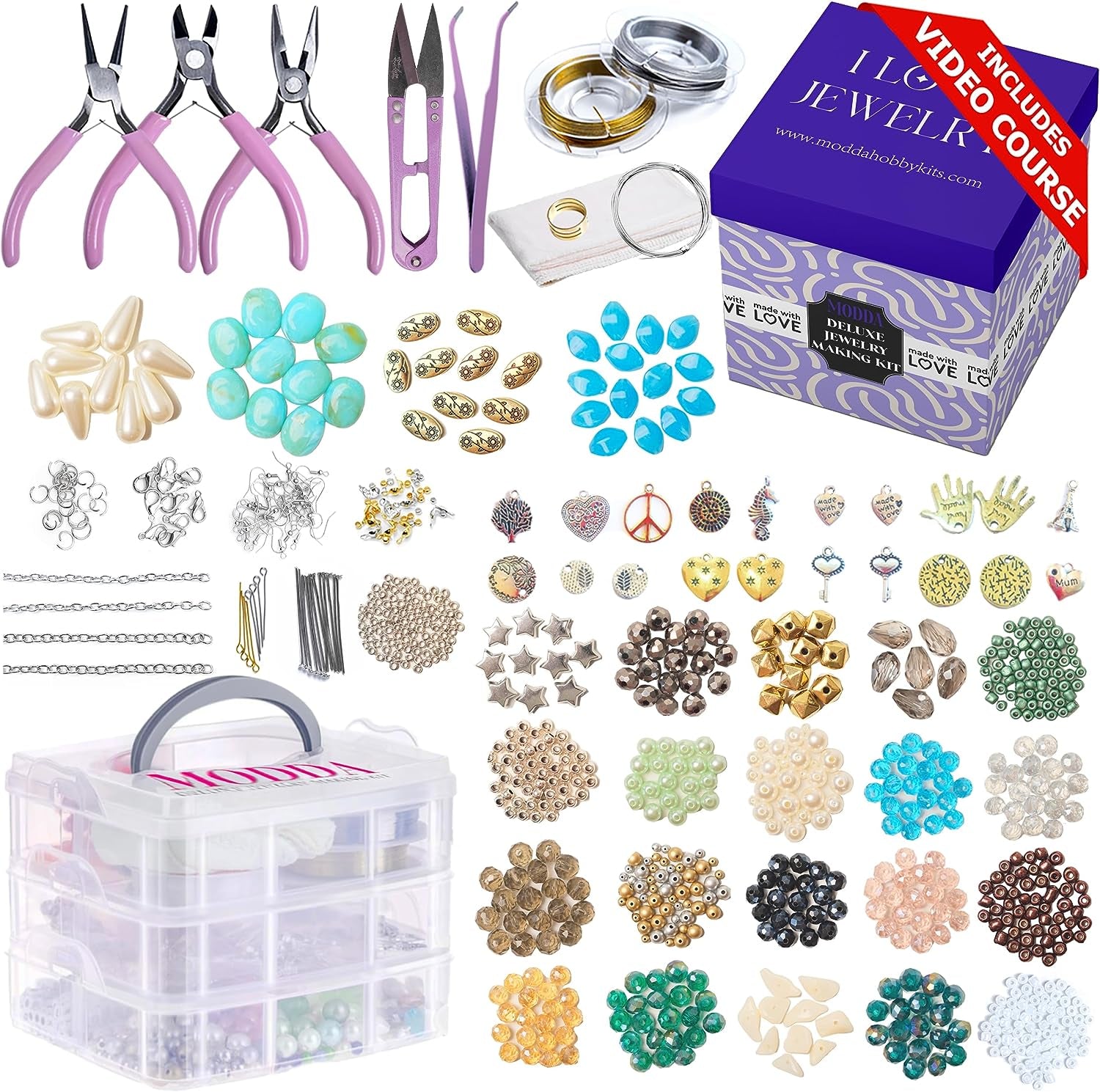 Deluxe Jewelry Making Kit with Video Course, Includes Instructions, Beads, Necklace, Bracelet, Earrings Making, Crafts for Adults, Beginners, Christmas Gift for Teens, Girls 13-15, Moms, Women
