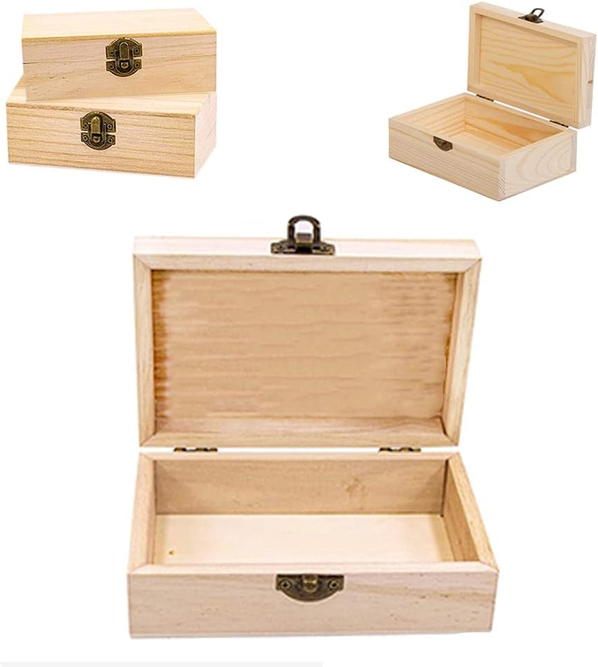 Unfinished Wooden Box with Hinged Lid, 4 Pcs- 6"X3.8"X2" Wood Boxes Bulk for Craft, Make Your Own Gift, Jewelry Pin Box