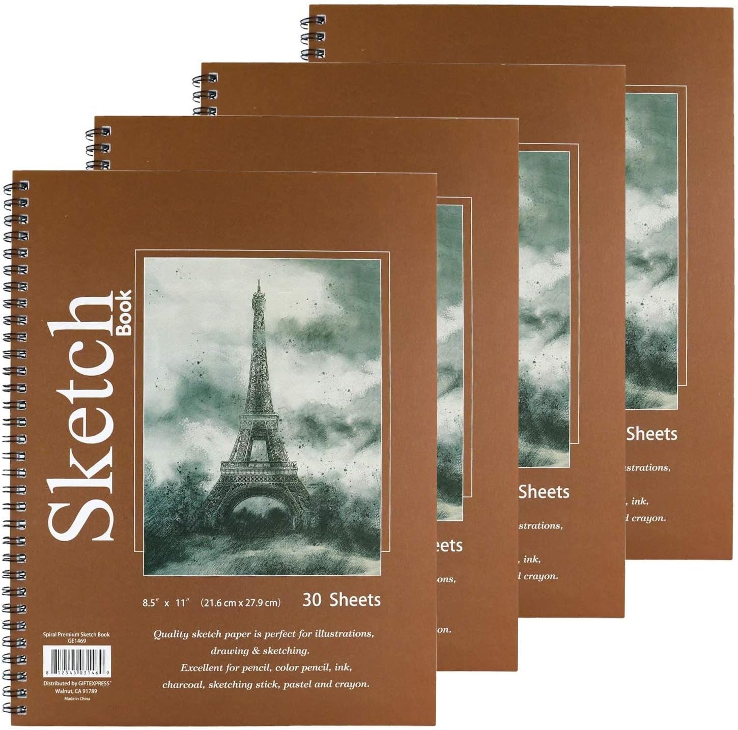 Bound Spiral Premium Sketch Book Sketch Pads Set, 4 Pads X30-Sheets, 8.5" X 11" Side Wire Bound, White 120 Paper Sheets for Pencil Ink Pastel (4)