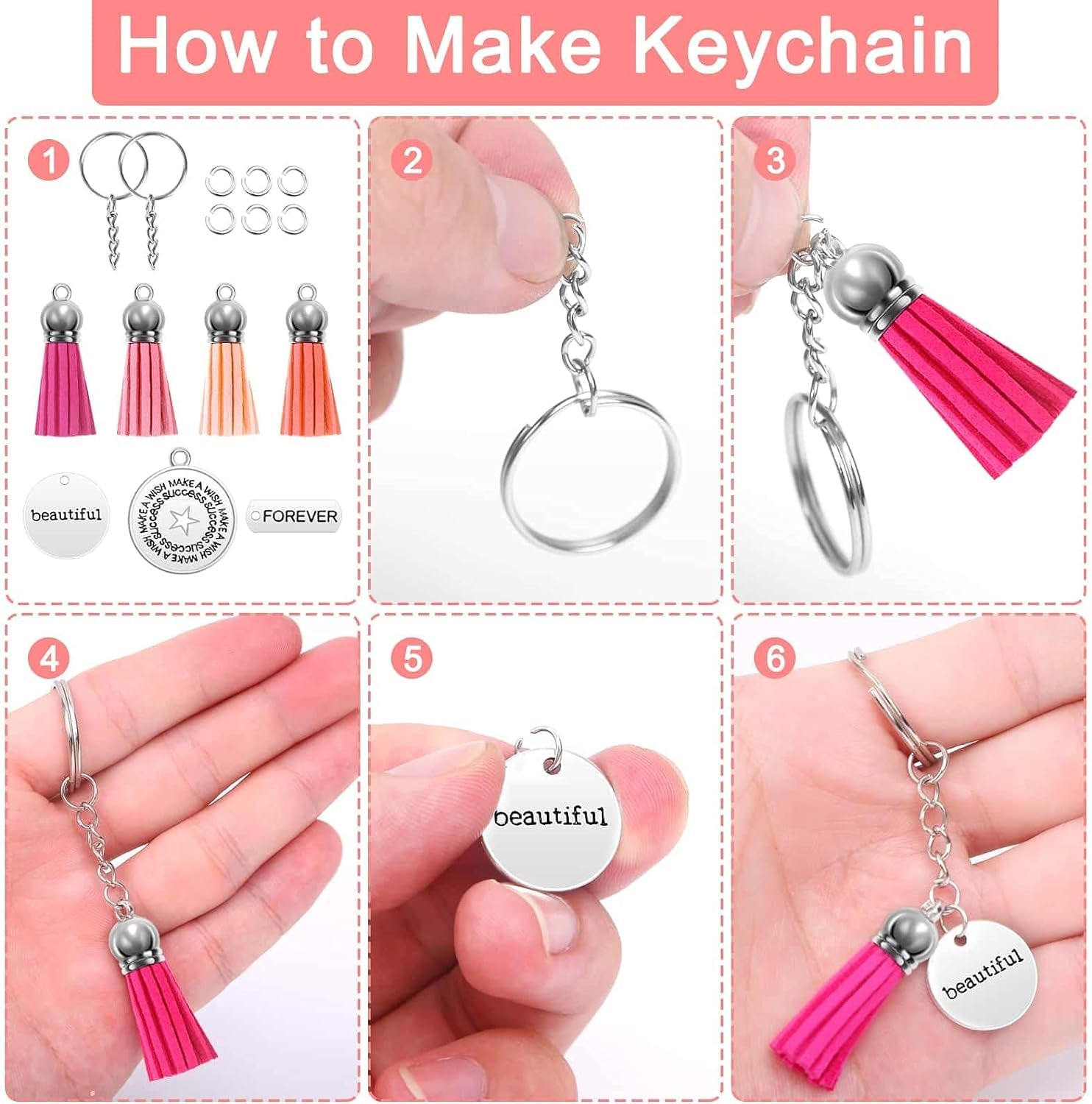 350Pcs Motivational Keychain Accessories Set with 50 Engraved Inspirational Words Charms, 50 Leather Keychain Tassels, 50 Keyring with Chain, 200 Open Jump Rings for Keychain Making, DIY Crafting