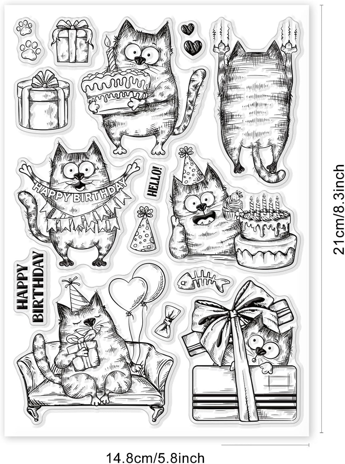 8.3×5.8In Birthday Cats Animal Clear Stamp Sofa Cat Birthday Cake Silicone Clear Stamp Gift Box Seals for DIY Scrapbooking Journals Decorative Cards Making Photo Album Decorative