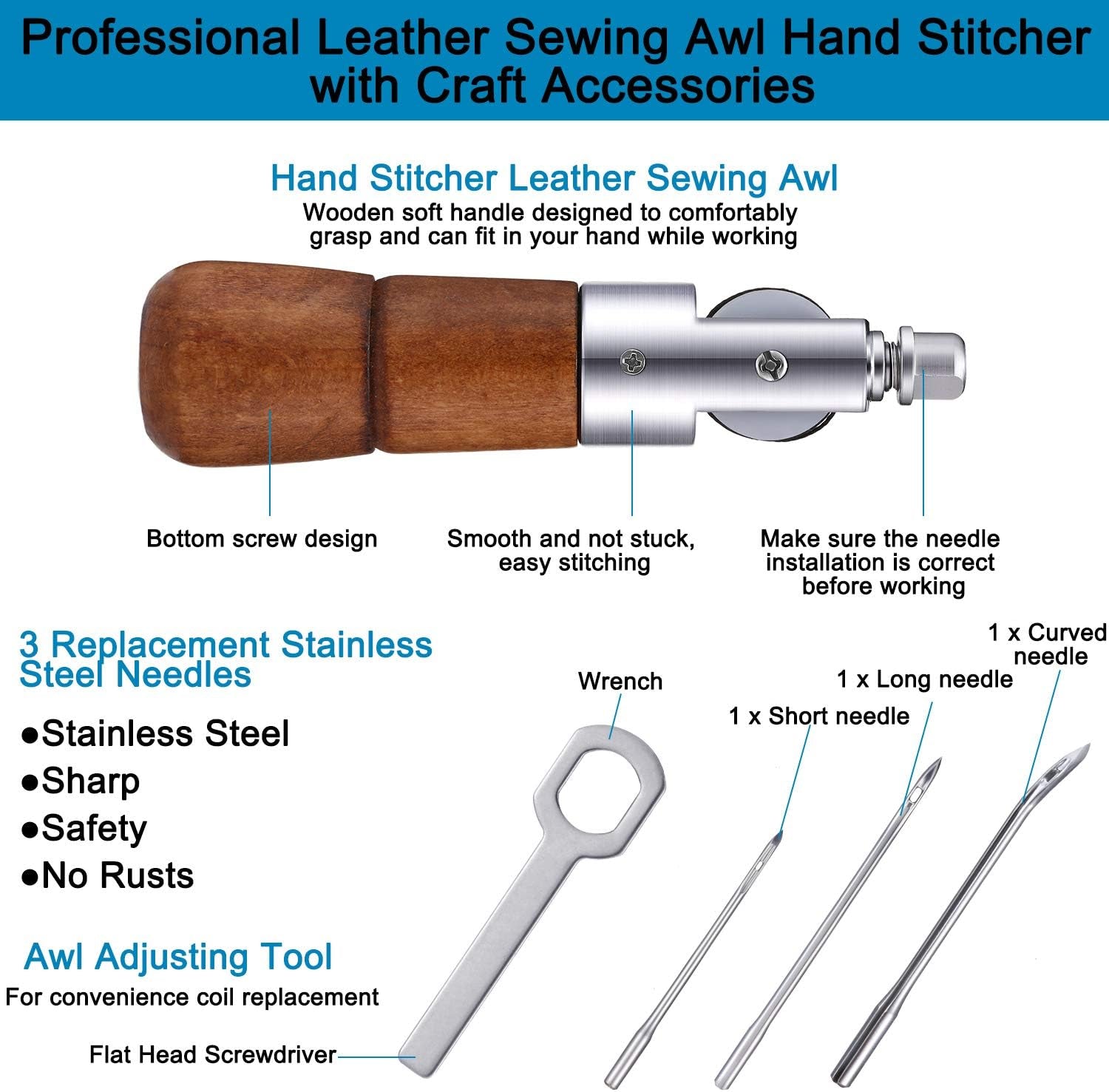 12 Pieces Leather Sewing Awl Hand Stitcher with Craft Accessories Set, Hand Awl Tool, 3 Sizes Needles and Replacement Spools of Thread, Stitching Awl Tool Kit (Multicolor)