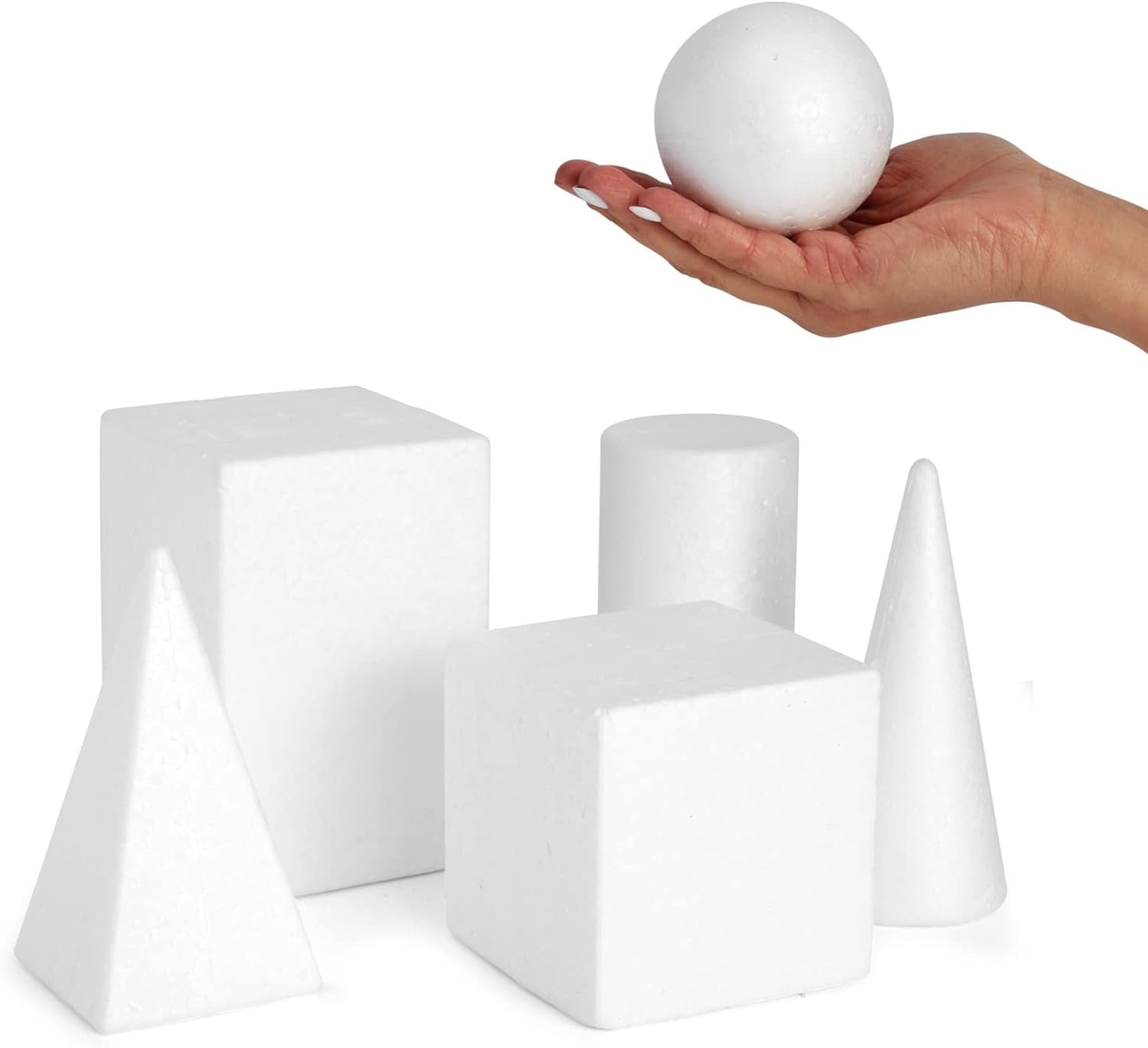 6-Pack Assorted Foam Geometric Shapes, Sizes Ranging from 2.5 to 5.9 in for Arts and Crafts Projects, DIY, Modeling, Home Decor, School Projects, Solid Polystyrene