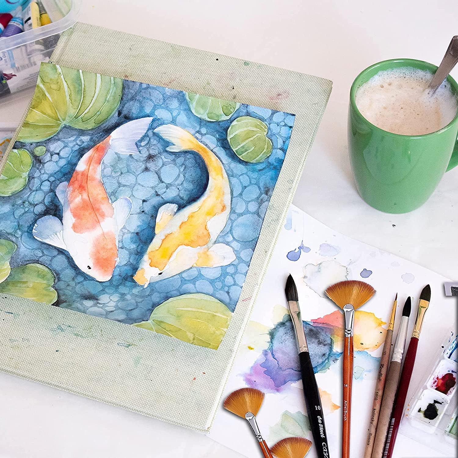 Fan Paint Brush Set of 9 Pcs, Professional Artist Acrylic Paint Brushes Set with Long Wood Handles Anti-Shedding Nylon Hair for Acrylic Watercolor Oil Painting,Rock Painting