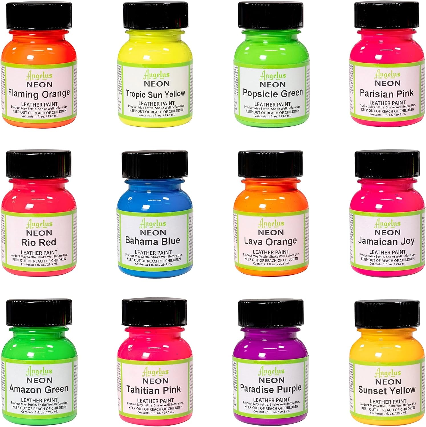 Neon Leather Paint 1Oz 12 Color Set Kit for Sneakers, Shoes Boots, Jackets, Shirts, Cups, & More- Made in USA