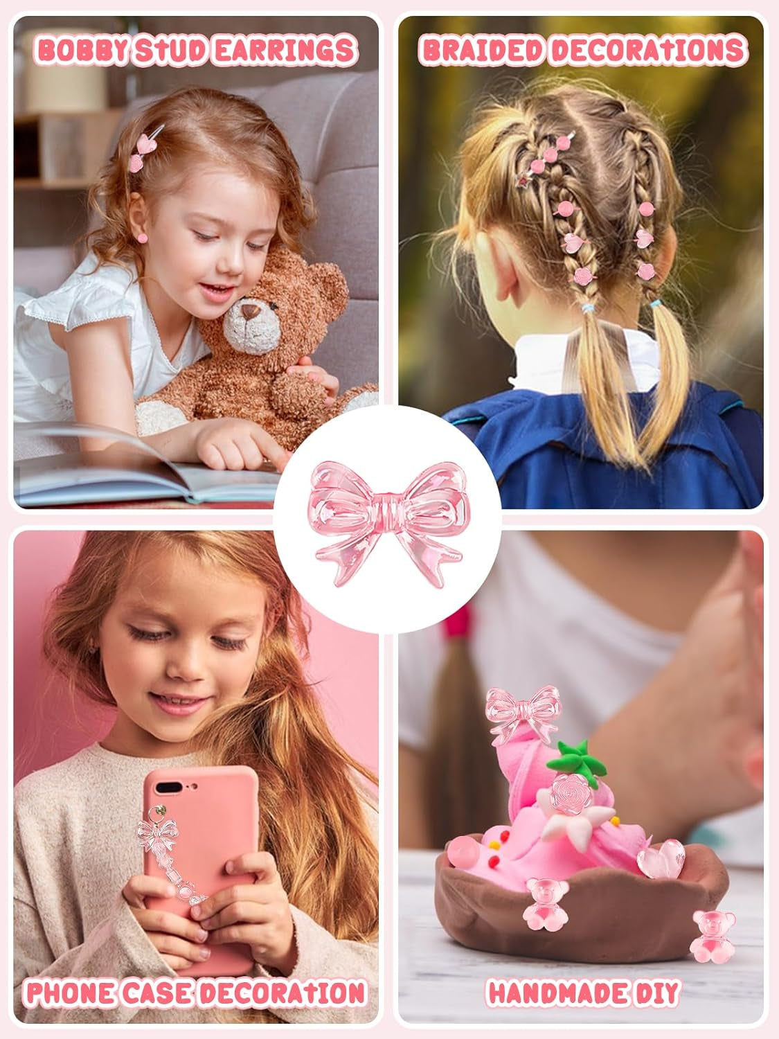 150PCS Acrylic Pastel Beads for Jewelry Making,  Colorful Bow Butterfly Flower Kawaii Plastic Candy Heart Cute Macaroon Aesthetic Beads for Bracelet Necklace DIY Supplies (Pink)