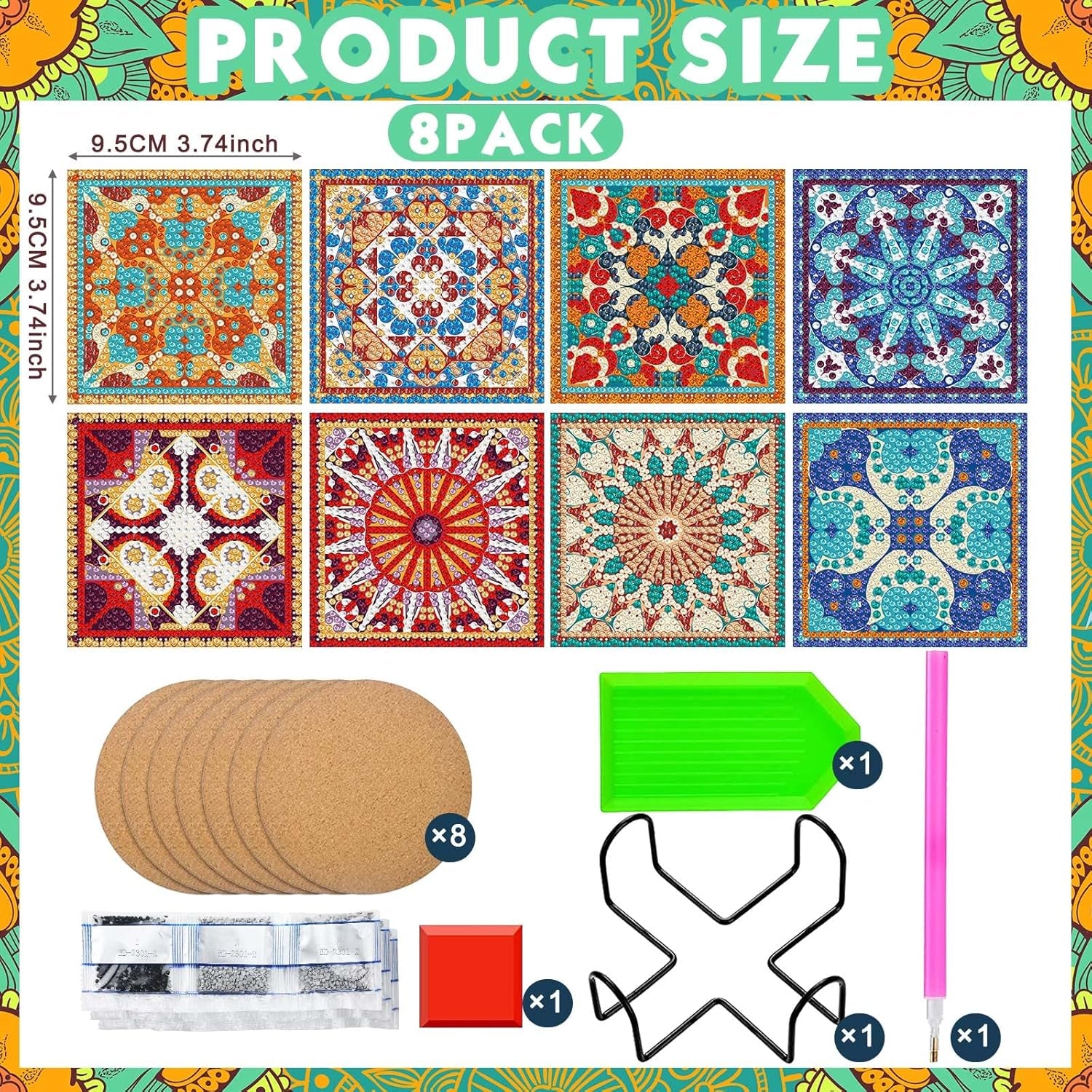 8 Pcs Diamond Coasters Diamond Painting Coasters DIY Mandala Coasters with Holder Square Boho Paisley Diamond Art Coasters 5D Diamond Painting Kits for Beginners Adults Kids Craft