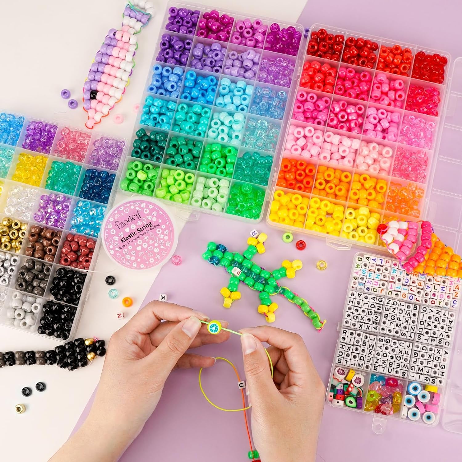 2400Pcs Pony Beads 72 Colors 9Mm Friendship Bracelets Making Kit, Rainbow Kandi Beads Bulk Letter Beads for Name Bracelets Jewelry Making Crafts with Elastic String