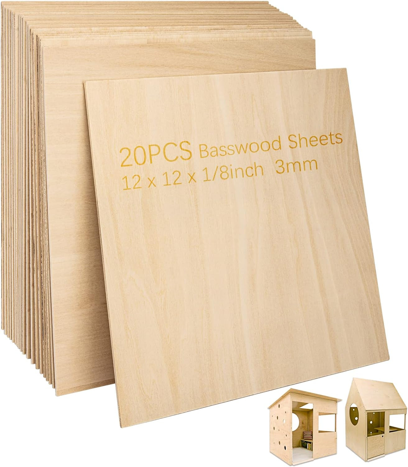 Basswood Sheets 1/8" - 3Mm Plywood Sheets, 12 X 12 Inch Basswood Unfinished for Crafts, Laser Cutting, Engraving, DIY Arts, Drawing(20 Pack)