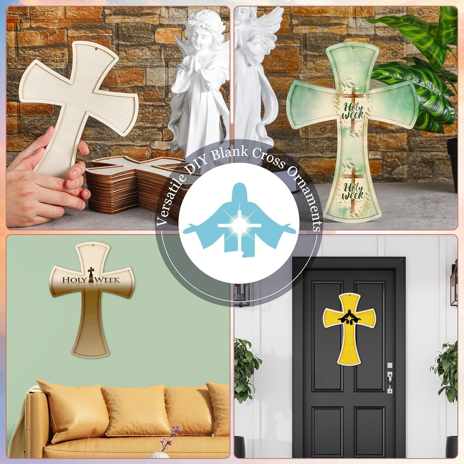 24 Pcs Unfinished Wooden Crosses for Crafts 8.9 X 6.5 Inch Large Blank Wooden Cross with String DIY Christmas Religious Craft Hanging Crosses Ornaments Wood Cross Bulk Projects Home Wall Decor