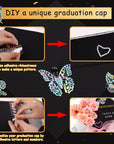 Graduation Cap Decorations: DIY Grad Hat Topper Kit, Include Flower Glitter Stickers Letters Butterflies - Handmade Decoration(No Glue&Cap)