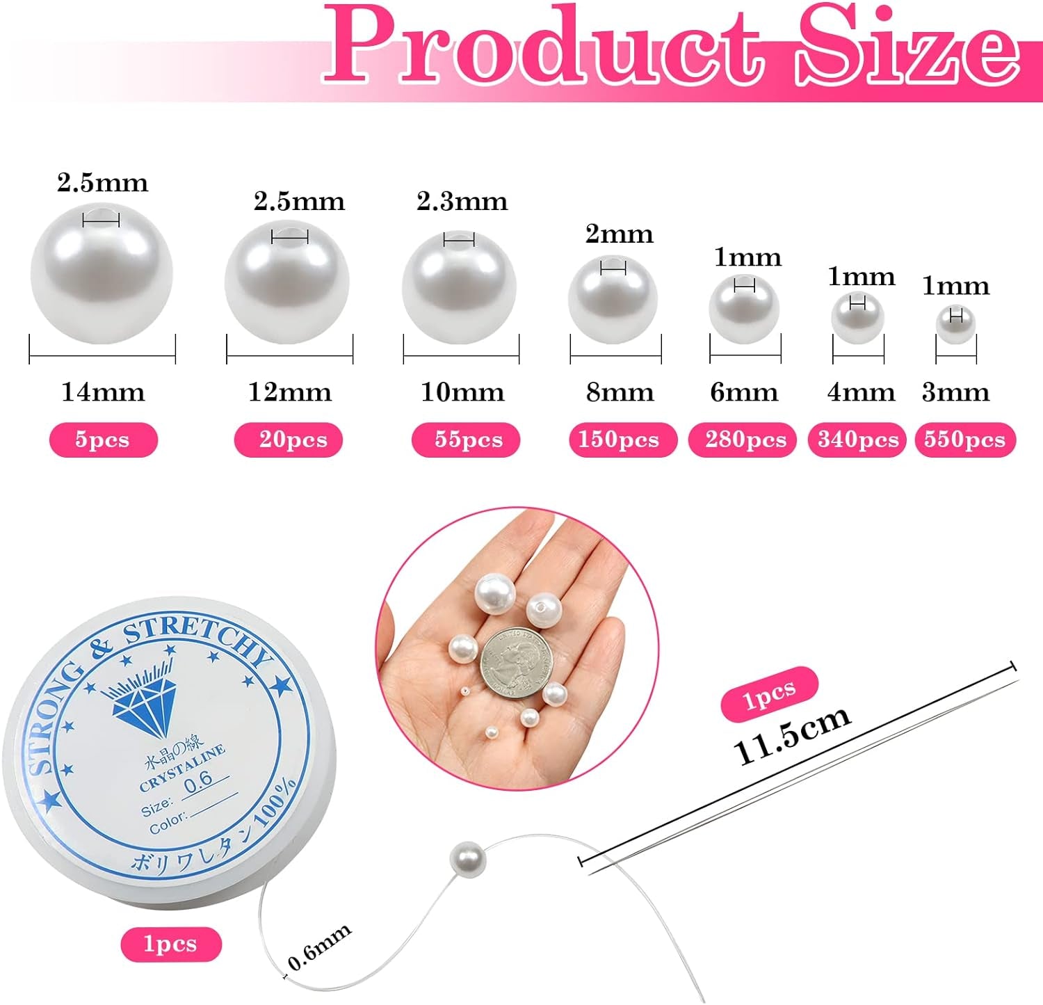 1400Pcs White Pearl Beads for Jewelry Making 3Mm to 14Mm Plastic Pearl Beads Loose round Faux Pearl Beads with Holes for DIY Crafts Earring Necklace Vase Filler and Home Decoration