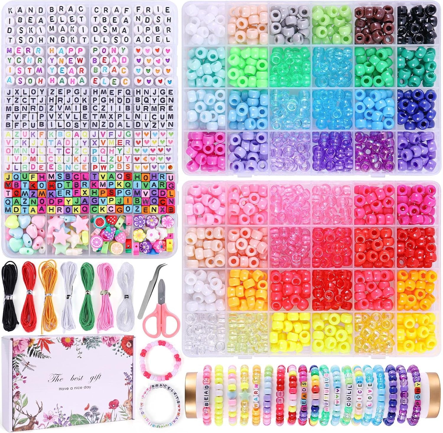 1500Pcs Pony Beads Bracelet Making Kit, 24 Colors Friendship Bracelet Kit Kandi Beads, Letter Beads Heart Beads with Elastic String for Jewelry Making DIY Craft Gifts for Adults