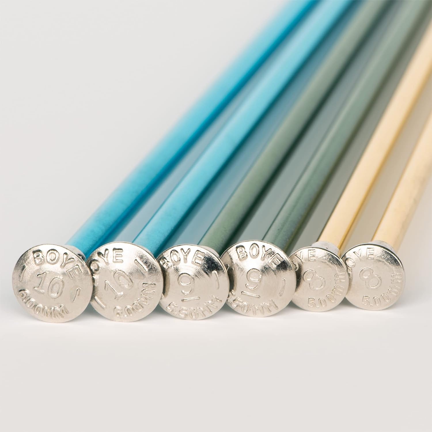 Anodized Aluminum Straight Knitting Needle Set, US Sizes 8, 9, 10, Multicolor