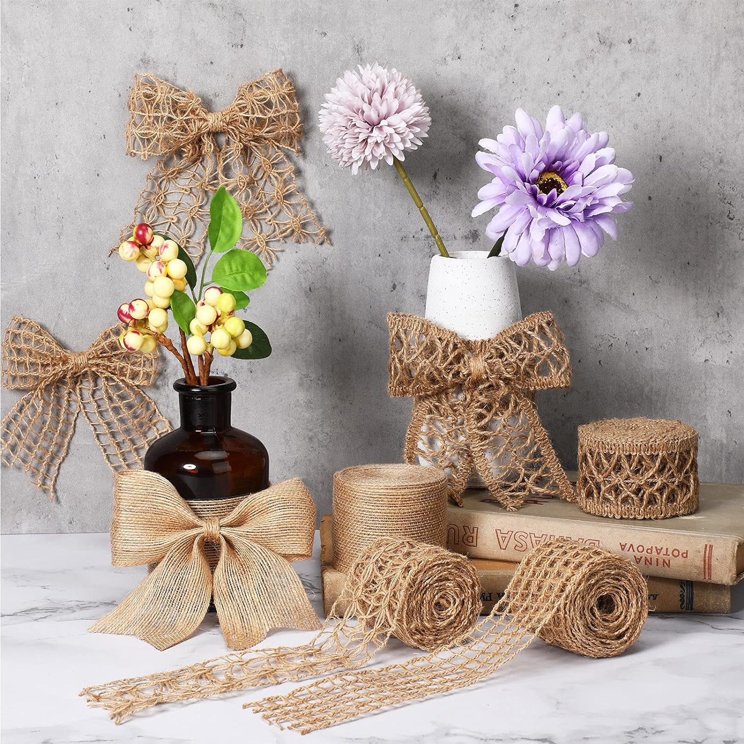 4 Rolls Burlap Ribbon Natural Jute Burlap Lace Ribbon Mesh Burlap Ribbon Weeding Ribbon Trim Craft Wrapping Ribbon for Holiday Party DIY Handmade Artist Home Decor Packaging