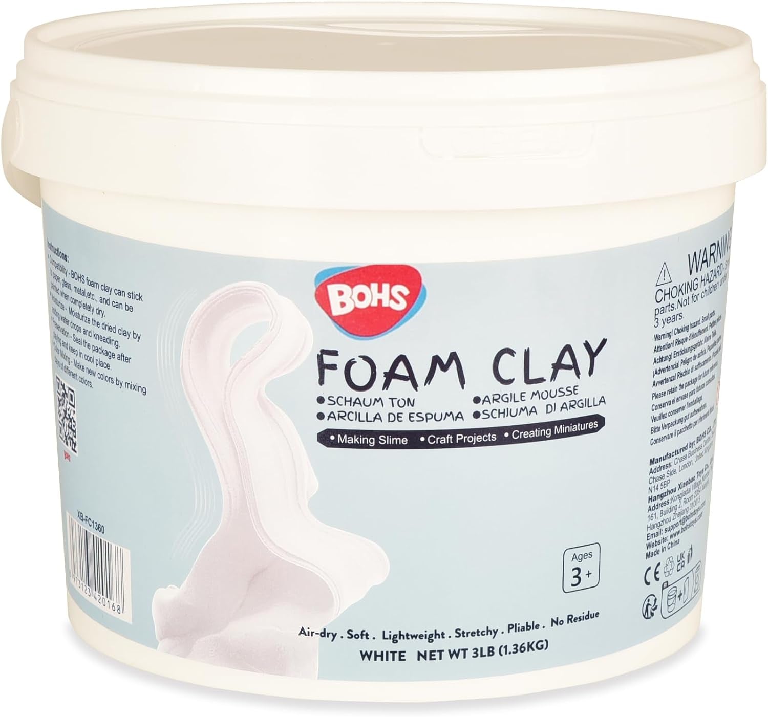 White Modeling Foam Clay- Air Dry, Squishy,Pliable - Molding Clay for Adult Arts &amp; Crafts Project,Fake Bake,Slime Ingredient Supplies,3 LBS / 1.36 KG Bucket, Age 3 Years &amp; Up