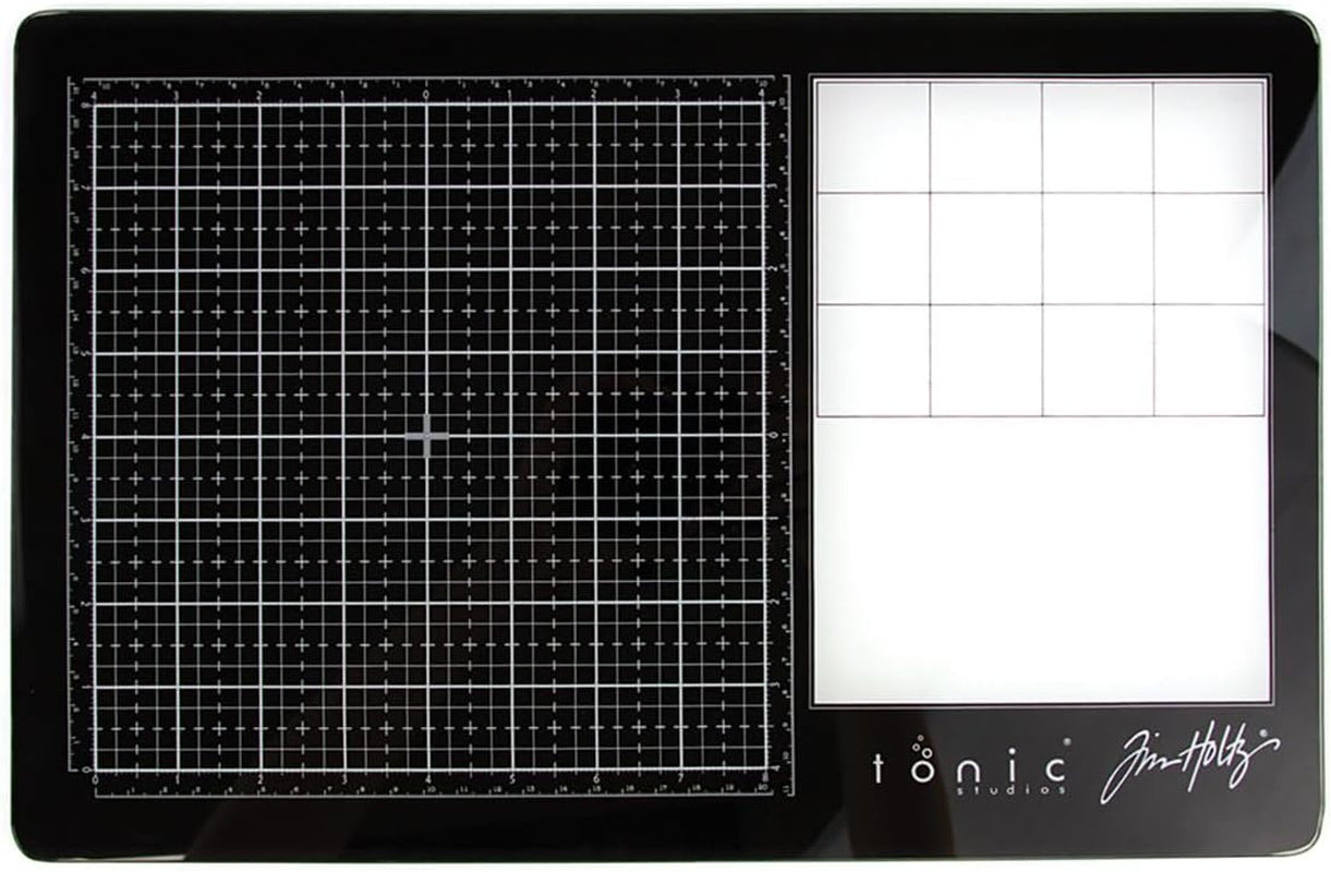 Tim Holtz Travel Glass Cutting Mat - Portable Work Surface with 8X8 Measuring Grid and Palette for Mixed Media - Art Supplies with Carry Case