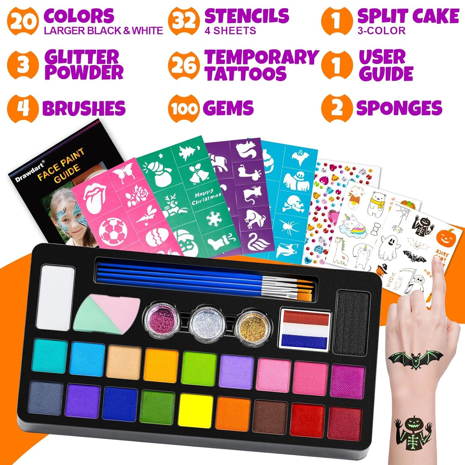 Face Painting Kit for Kids - 20 Colors Water Based Non Toxic Face Paint Kit, Professional Face Paint for Kids with Stencils &amp; Brushes - Parties, Birthdays, Halloween Face Body Makeup Kit