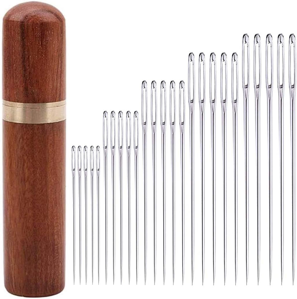 25Pieces Hand Sewing Big Eye Needles Sharp Needle，With Solid Wood Needle Case For