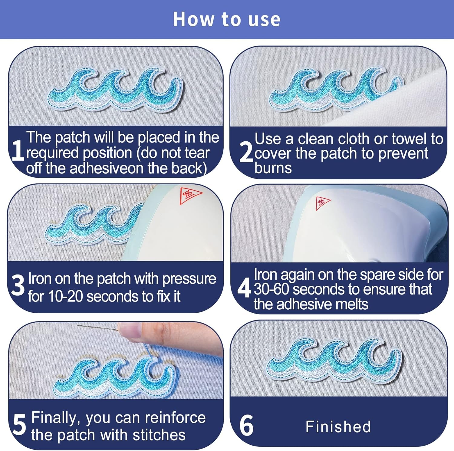 10 Pieces Ocean Wave Embroidered Patches Blue Sea Wave Iron on Patch Wave Applique Repair Patch for Clothes Dress Jackets Caps DIY Embroidery Patches Sewing Craft Decoration