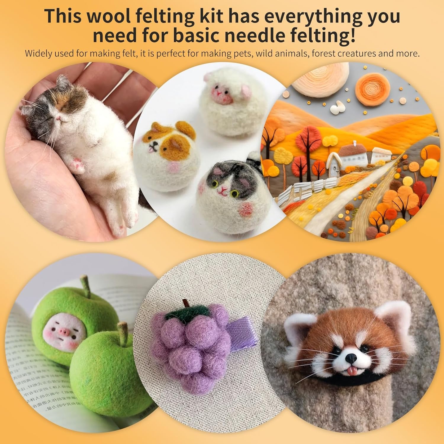Needle Felting Kit, Wool Roving (5G/Color), Complete Needle Felting Starter Kit with Basic Felt Tools and Supplies Wool Fibre Spinning Craft Wet Felting Material for Beginners