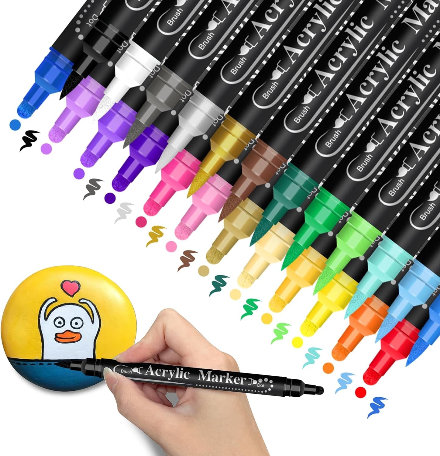 Dual Tip Acrylic Paint Pens, 26 Colors, Medium and Brush Tips, Ideal for Rock Painting, Ceramic, Wood, Plastic, Calligraphy, Scrapbooking, Card Making, DIY Crafts