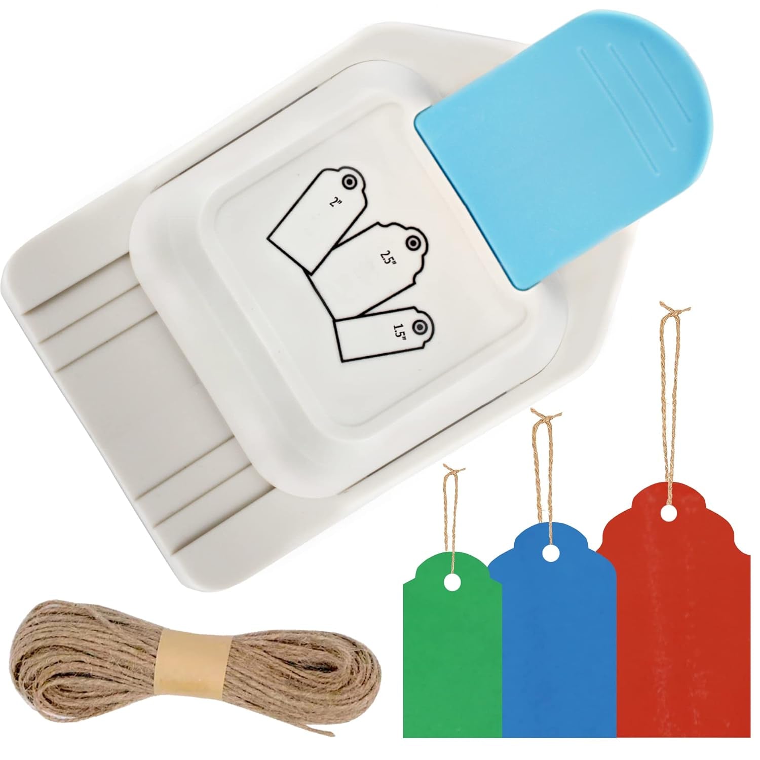 Paper Craft Tag Punch 1.5" 2" 2.5" - with 1 Roll Hemp Rope 32Ft - Tag Shape Lever Action Craft Puncher for Paper Crafting Scrapbooking Cards Arts for DIY Projects
