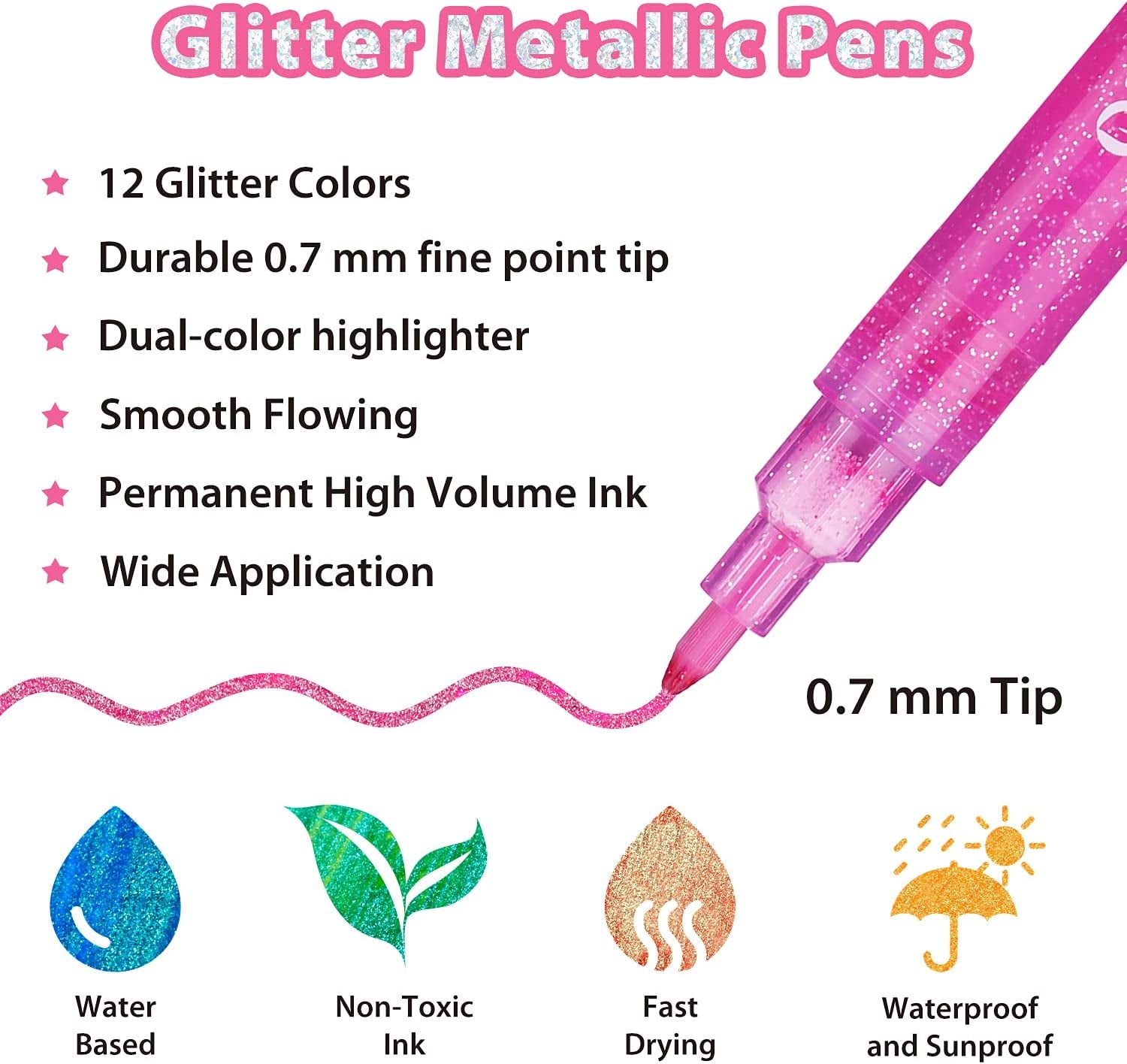 Glitter Markers Pen 12 Glitter Colors Metallic Shimmer Marker Fine Point Tip Water-Based Ink for Kids Adults DIY Crafts Greeting Birthday Cards Making Poster Album Scrapbooking Mugs Wood