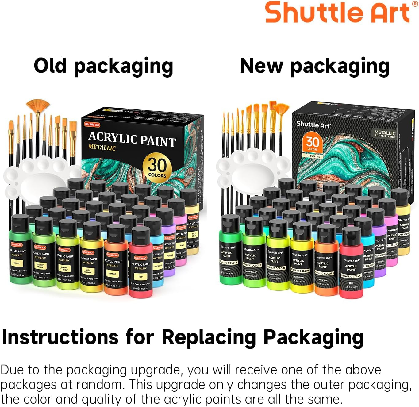 30 Colors Metallic Acrylic Paint, Artist Grade Metallic Paint in Bottles (60Ml, 2Oz), Rich Pigmented, High Viscosity, Non-Toxic for Artists, Beginners on Rocks Crafts Canvas Wood Fabric