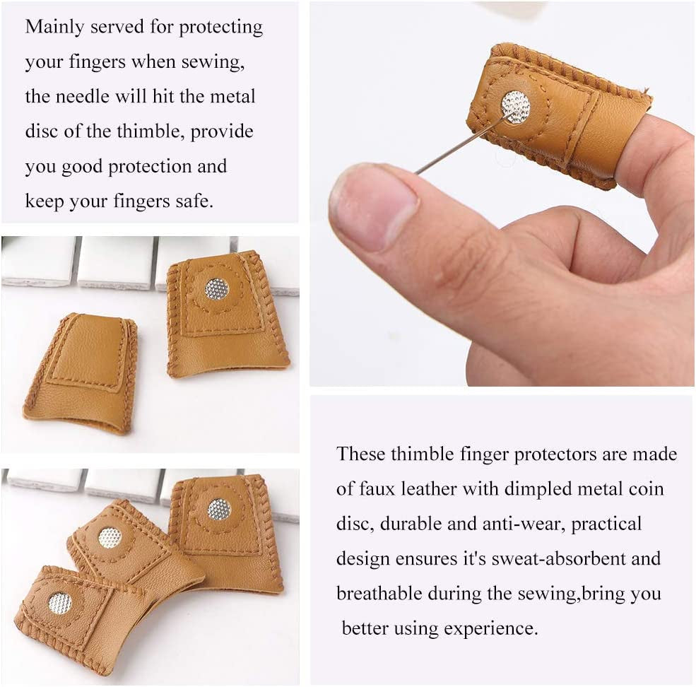 8 Pcs Sewing Thimble + 30 Pcs Sewing Needles, Finger Protector Fingertip Thimble Adjustable Metal Bronze Sewing Thimble Rings and Leather Coin Thimble for Needlework, Hand Embroidery Craft