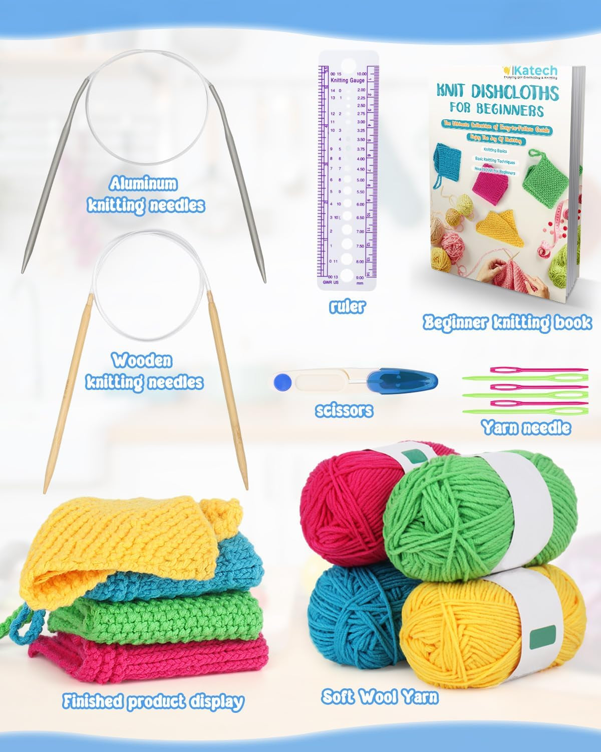 Knitting Kit for Beginners-Learn to Knit Dishcloth-Beginner Knitting Kit for Adults Kids with Knitting Book, Knitting Needles,Beginner Yarn, Yarn Needle, Craft Kits Gift (Beginner to Expert)
