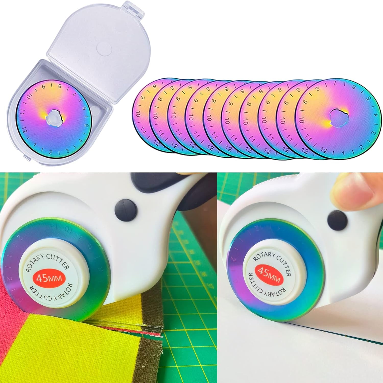 45Mm Rotary Cutter Blades,Replacement Blades,Fits Fiskars,Olfa,Martelli,Dremel,Truecut,Dafa,Sks-7,Fabric Cutting Blades Refill for Quilting Scrapbooking Sewing Arts &amp;Crafts,10 Pack (Rainbow)