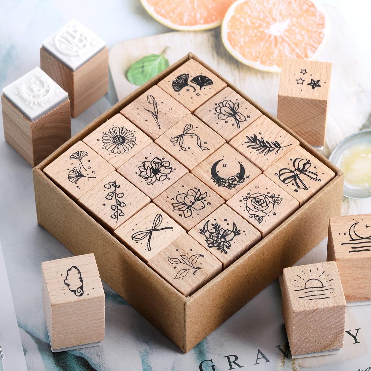 32 Pieces Wooden Rubber Stamp Set, Moon Star Botanical Decorative Wood Stamps for Journal, Diary, Scrapbook, Planner, Letter, DIY Craft, Card Making