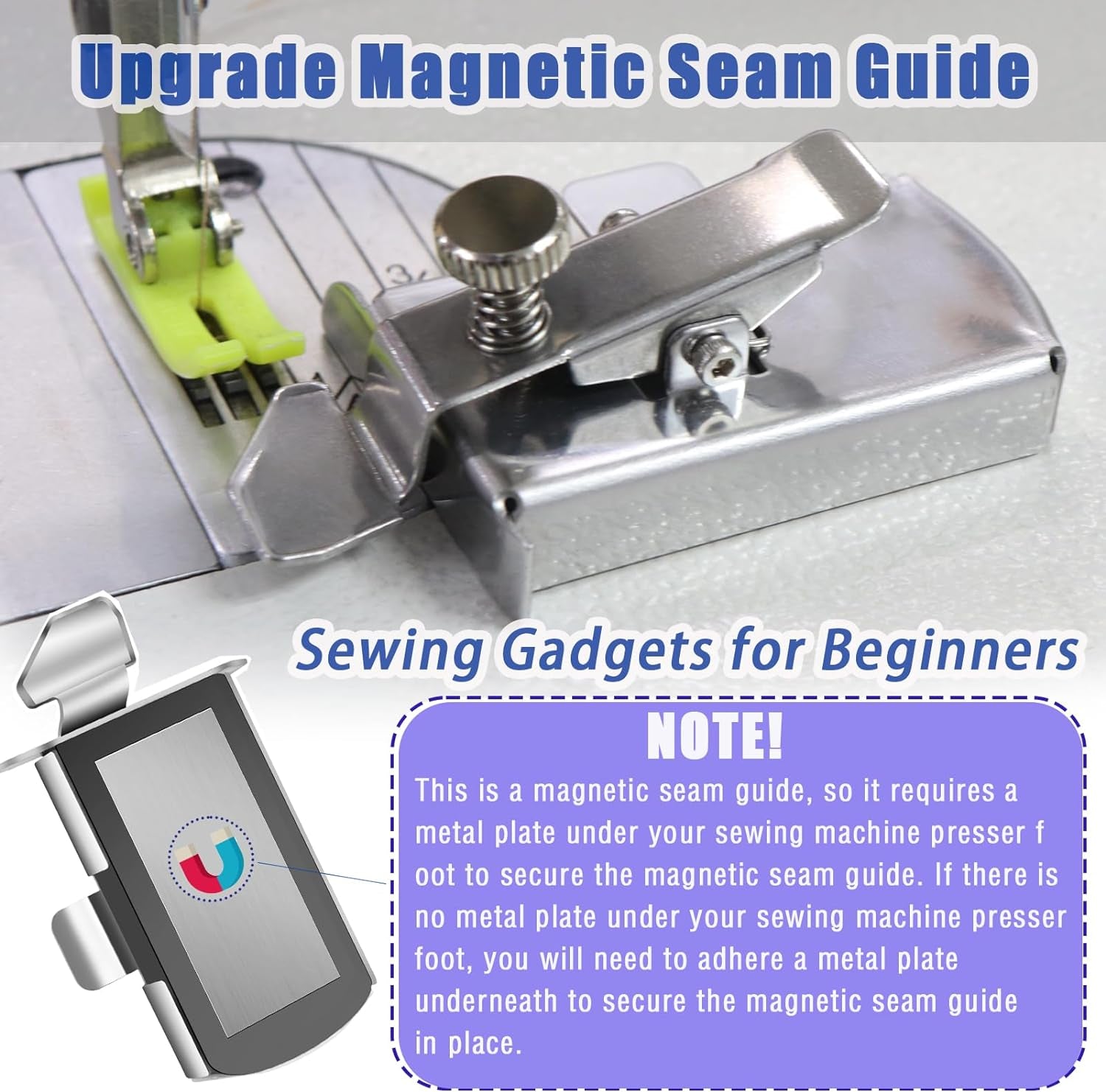 Upgraded Magnetic Seam Guide for Sewing Machine, Magnetic Sewing Guide with Clip, Hemmer Guide, Multifunctional Hem Guide, Universal Sewing Machine Attachments, Sewing Supplies Accessories