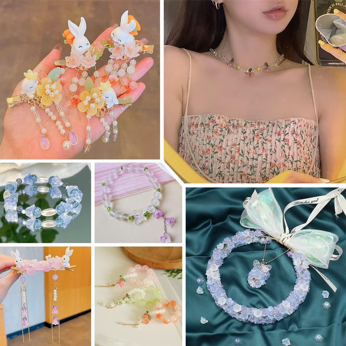 100Pcs Glass Bellflower Beads for Jewelry Making Mixed Color Trumpet Flower Beads Gradient Clear Cute Beads for Bracelets Making Aesthetic Beads Charms for DIY Necklace Decoration Gifts
