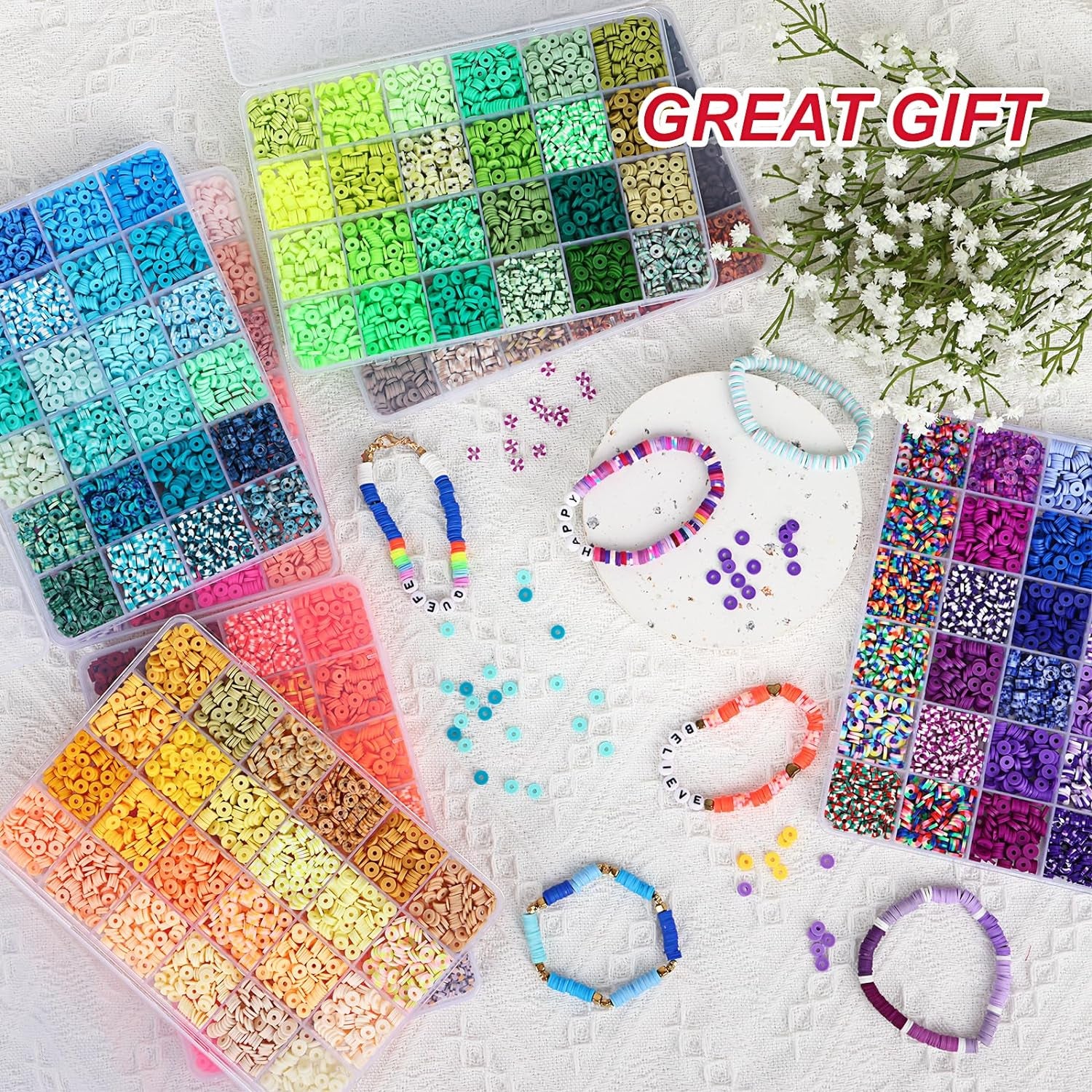 16800Pcs Clay Beads Bracelet Making Kit, 168 Colors Polymer Beads Spacer Heishi Beads, Flat Preppy Beads for Jewelry Making Kit with Charms, DIY Crafts Gift