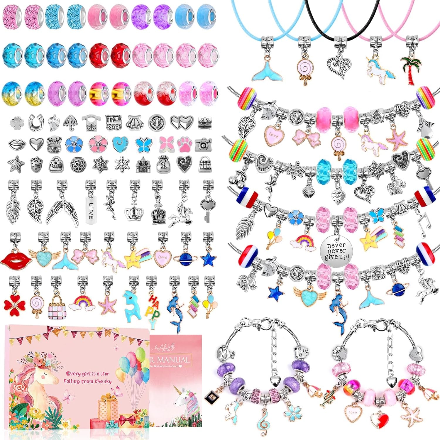 180 Pieces DIY Charm Bracelet Making Kit for Girls 8-12, Jewelry Making Kit for Girls with Bracelet Making Beads, Snake Chains for Girls Christmas Gift, Arts and Crafts