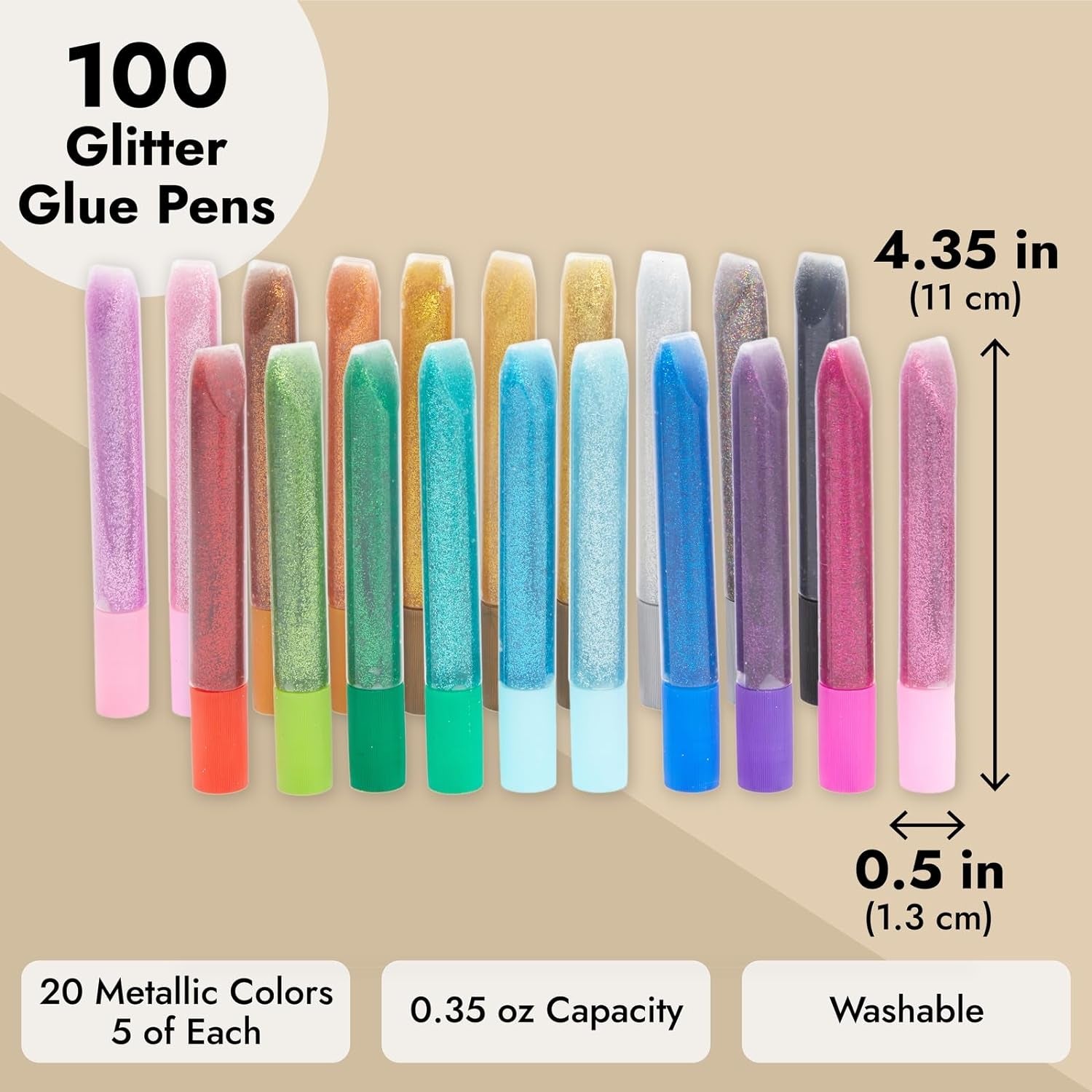 100 Pack Glitter Glue Pens - 0.35 Oz Rainbow Glue Stick Set for Arts & Crafts Projects, Slime Supplies, Scrapbooking, Cards (20 Metallic Colors) - Multi Colored Glitter Glue Pens