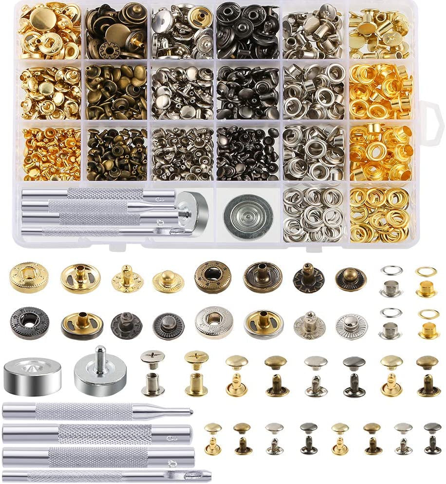 400 Set 4 Style Snap Fasteners Kit Including Leather Rivets, Eyelets, Grommets, Binding Screws, Snap Buttons Press Studs Kit with Fixing Tools for Thin Leather, Jacket, Jeans Wear
