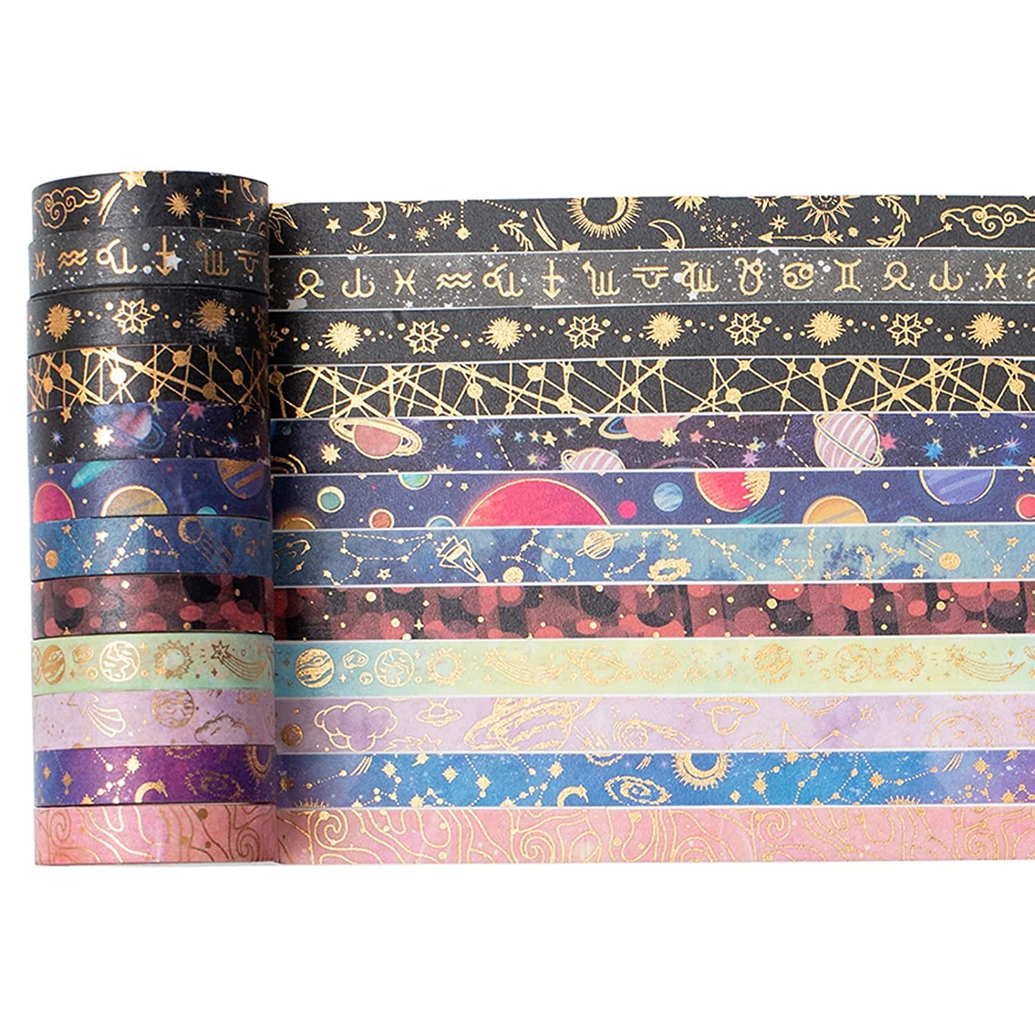 Skinny Galaxy Washi Tape Set 30 Rolls Gold Foil Decorative Starry Space Masking Tapes for Arts, DIY Crafts, Journals, Planners, Scrapbook, Wrapping
